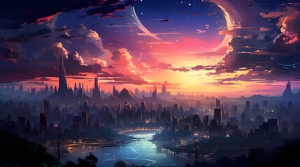 Fototapeta premium Majestic cityscape with skyscrapers illuminated against the twilight sky, vibrant colors blending into the horizon, creating a breathtaking urban skyline