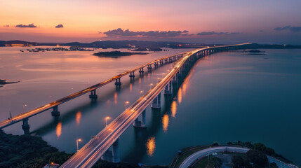 Aerial view of a vast bridge spanning a bay at twilight