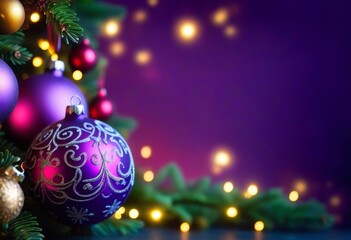 Fototapeta premium A Christmas tree with purple decorations and a banner that reads 