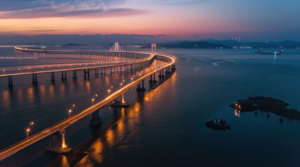 Fototapeta premium Aerial view of a vast bridge spanning a bay at twilight