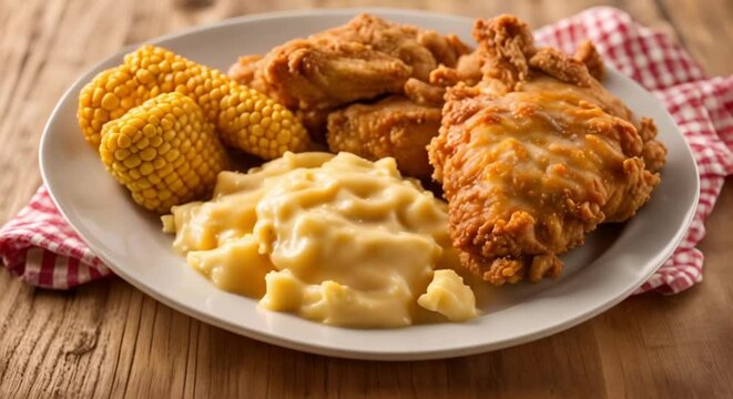 fried chicken mashed potatoes and corn