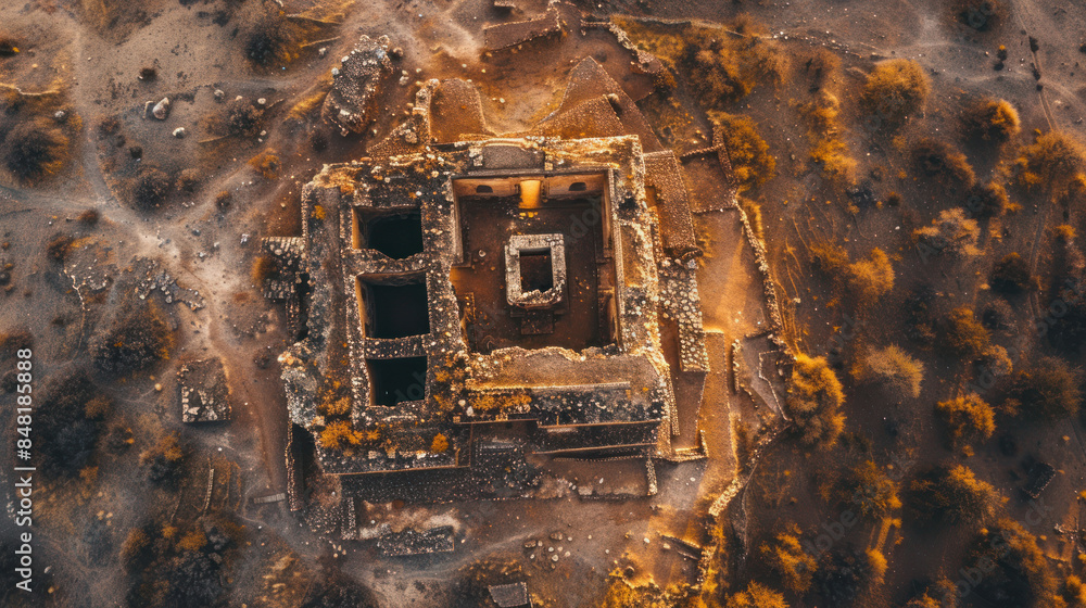 Wall mural aerial view of an ancient architectural ruin in a remote area