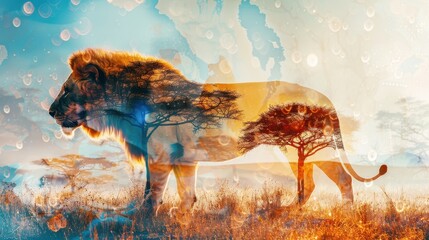 Double exposure of a majestic lion with an African landscape, blending wildlife and nature in an artistic expression of the wild.