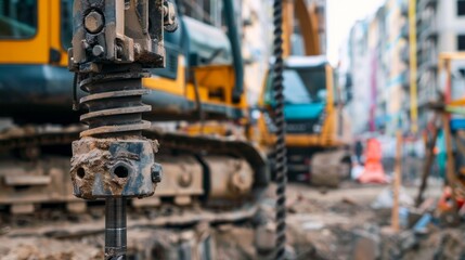A construction site with a large yellow and black machine
