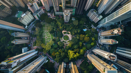 Aerial view of an urban park nestled among skyscrapers