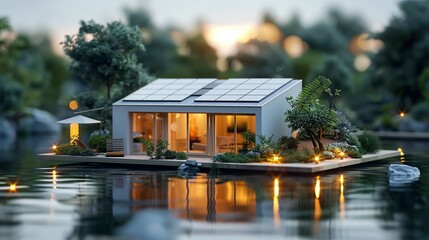 Fototapeta premium A small house with solar panels on the roof, situated near water and surrounded by trees