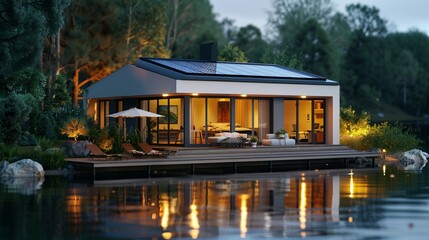 Fototapeta premium A small house with solar panels on the roof, situated near water and surrounded by trees