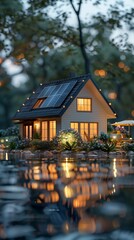 Fototapeta premium A small house with solar panels on the roof, situated near water and surrounded by trees