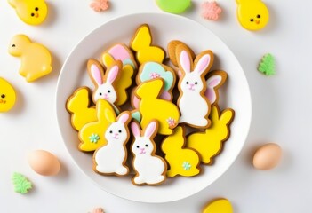Obraz premium A close-up of Easter bunny-shaped cookies on a white background