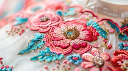 Obraz premium Capture the allure of artisanal craftsmanship with a captivating stock photo featuring an embroidered neckline design embellished with an exquisite needlework floral composition.