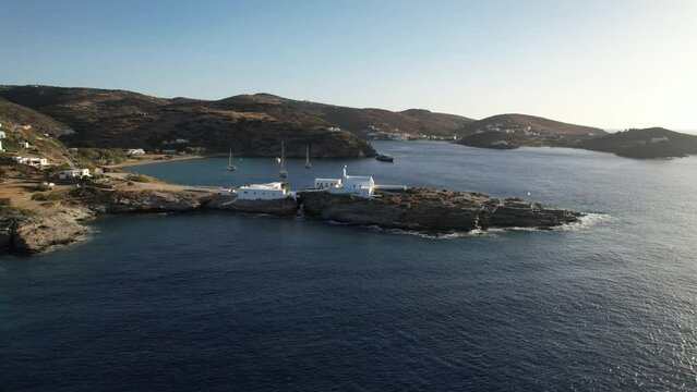 View of Chrysophygi Monastery and Paros on the south east coast of the island, Sifnos, Greece