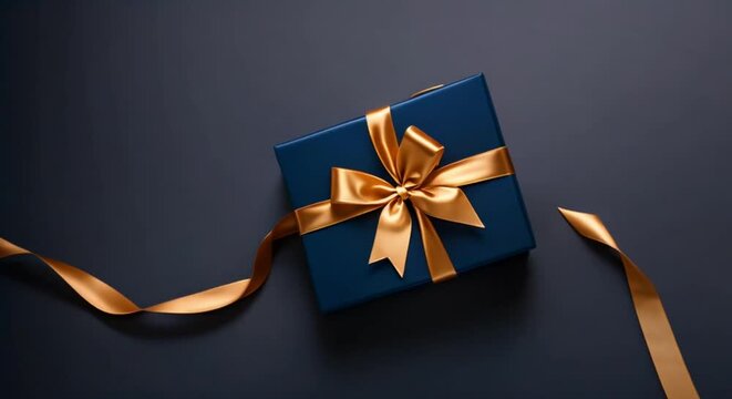 blue gift box with gold satin ribbon and bow on blue background top view