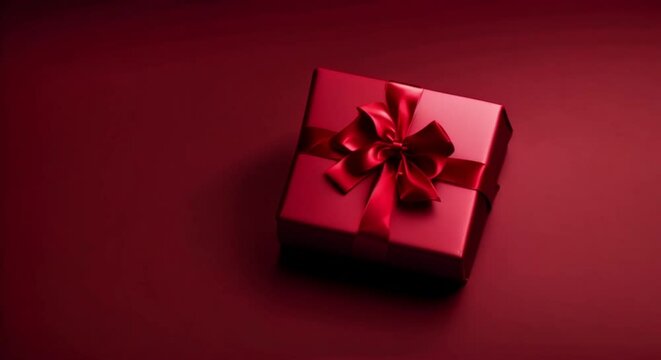 red gift box with satin ribbon and bow on red background top view