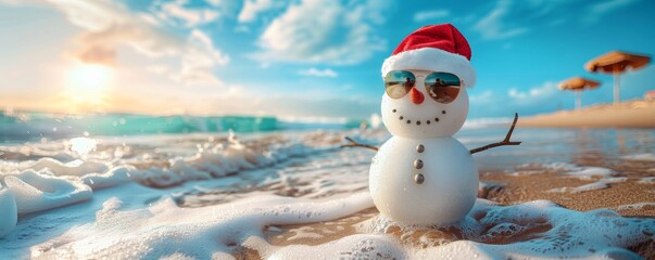 A snowman with sunglasses and Christmas hat on the beach, blue sky, banner format, high resolution, photorealistic, wide angle lens, sunny day, beach umbrella in background