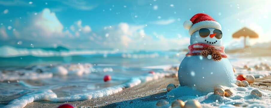 A snowman with sunglasses and Christmas hat on the beach, blue sky, banner format, high resolution, photorealistic, wide angle lens, sunny day, beach umbrella in background - Powered by Adobe