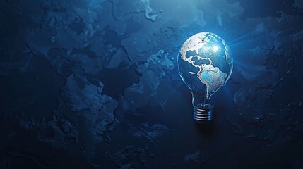Obraz premium Abstract light bulb world map on dark blue background symbolizing global energy crisis. Concept Global Energy Crisis, Light Bulb, Abstract Design, World Map, Dark Blue Background