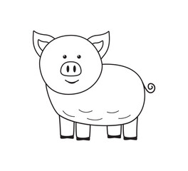 Cute pig outline sketch for coloring. Vector illustration of a cartoon animal from a farm. Isolated on white.