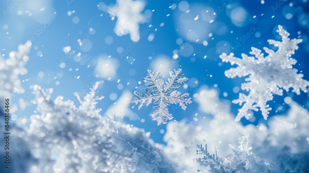 Fototapete enchanting white snow flakes cascading down from a cloudless sky, creating a mesmerizing spectacle o