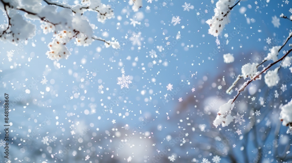 Fototapete enchanting white snow flakes cascading down from a cloudless sky, creating a mesmerizing spectacle o