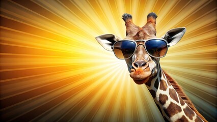 Stylized giraffe wearing sunglasses with a sunburst background, giraffe, stylized, sunglasses, sunburst, background, trendy