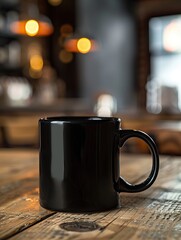 A black coffee mug on a wooden table in a cozy cafe setting, with blurred warm lights in the background creating a relaxed atmosphere.