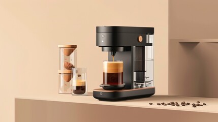 A premium coffee maker with a modern design, featured on a clear background with subtle earth tones, emphasizing its stylish appearance and advanced features. 