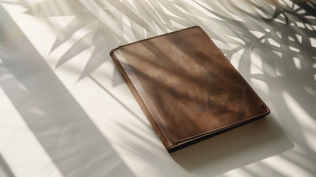 A premium business planner with a leather cover, displayed on a clean white background with subtle gradient effects, emphasizing its professional and elegant design. 