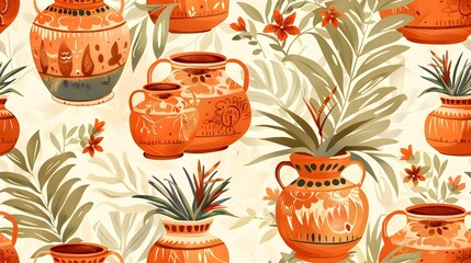 Handcrafted Traditional Indian Matka Water Pots Adorned with Vibrant Henna Inspired Floral Designs in Lush Tropical Garden Setting