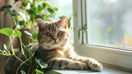 A Scottish Fold cat with unique folded ears, lounging on a windowsill with soft sunlight, surrounded by houseplants and a light background, highlighting its calm temperament.