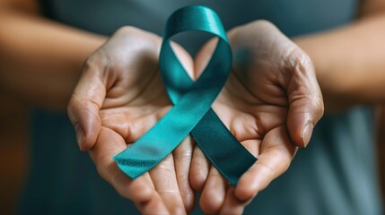 Empathy in Action: Hands Holding Teal Ribbon for PTSD Awareness