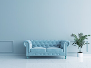 Fototapeta premium A 3D render showcases a vintage blue room interior, featuring a blue sofa atop white flooring