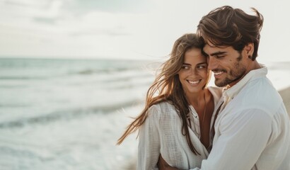 Obraz premium Portrait of a smiling beautiful young couple at the beach