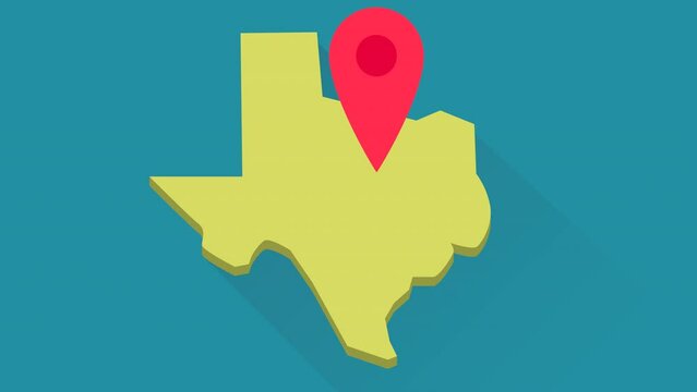 Looped animation of a red location marker bouncing on the 3D yellow map of US state of Texas on blue background with long shadow design (flat design)