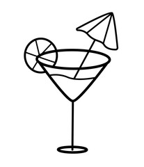 Cocktail in a glass with lemon and umbrella doodle icon. Vector illustration outline of a summer beach drink isolated on a white.