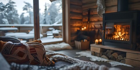 Cozy Scandinavian ski cabin with roaring fireplace gear storage and blankets for relaxation. Concept Ski Cabin Decor, Fireplace, Gear Organization, Cozy Blankets, Scandinavian Design