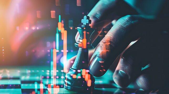 Hand holding a pawn chess with hologram stock chart, double exposure. Business strategy and planning concept.