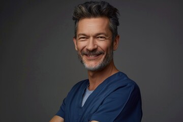 Obraz premium A smiling man wearing scrubs with his arms crossed, possibly in a medical setting