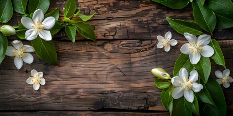 Neroli Essential Oil Flowers on a Rustic Wood Background. Concept Neroli Essential Oil, Flowers, Rustic Wood Background