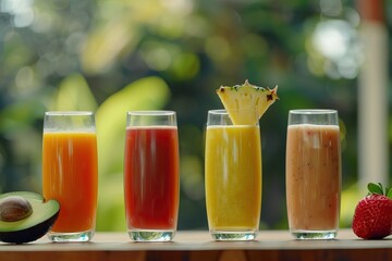 Fototapeta premium Assorted tropical fruit juices in glasses with avocado and strawberry on wooden table in outdoor setting.