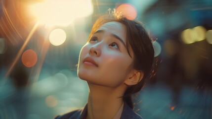 Woman gazing up at the city skyline