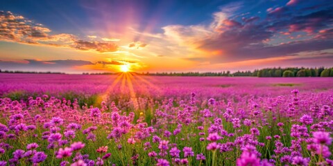 Beautiful sunset pink flowers blooming in a colorful violet meadow nature field , sunset, pink,...