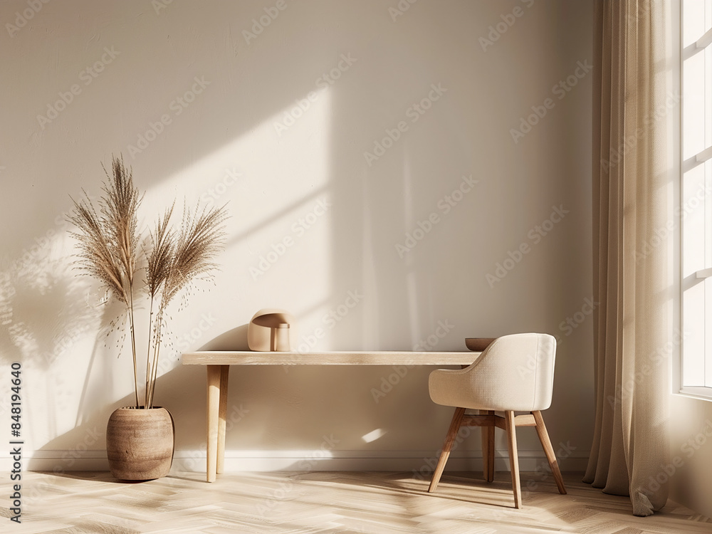 Aufkleber experience the simplicity of a minimal-style interior room with a working desk in this 3d render