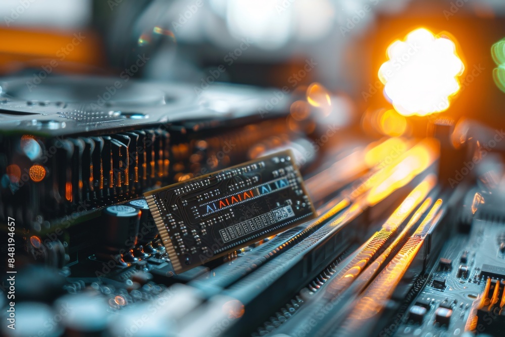Poster high tech computer components with ai chip in bright light, modern computing, digital innovation, ad