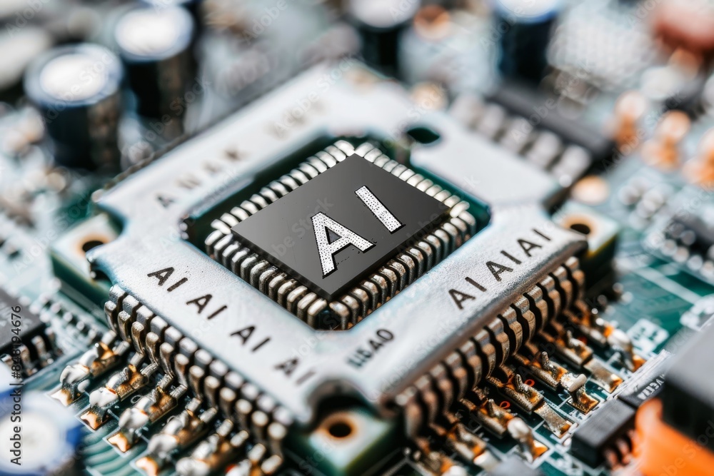 Poster close up of ai chip on circuit board, advanced computing, modern technology, digital innovation, mic