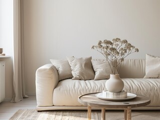 Cozy living space with white sofa and coffee table