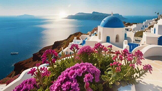 Santorini island, Greece, clear sky, purple flowers, beautiful blue sea with smooth quality with 4K video