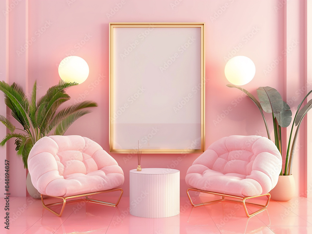 Poster step into modernity with a mock-up frame amidst modern seating against a pink backdrop