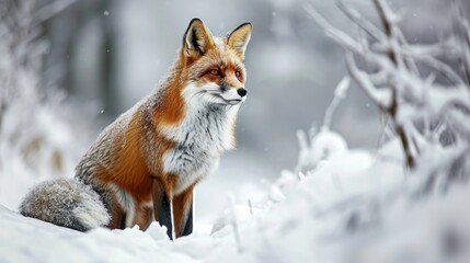 Obraz premium A red fox sits in the snowy woods, looking out into the distance