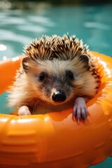 Fototapeta premium A hedge surrounded by an orange life preserver in a pool
