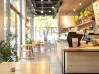 Fototapeta premium The blurred ambiance of a coffee shop, cafe, and restaurant sets a background